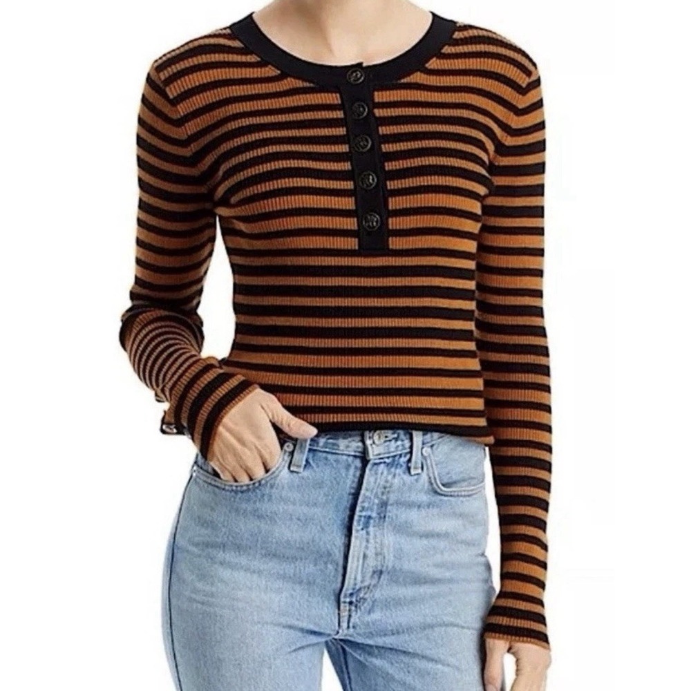 Karl Lagerfeld Paris Ribbed Striped Henley Size Medium Long Sleeve Thermal Top